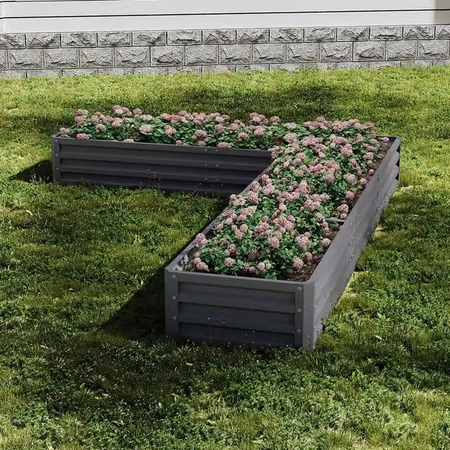 Livingandhome L-Shaped Galvanised Steel Raised Garden Bed in Grey
