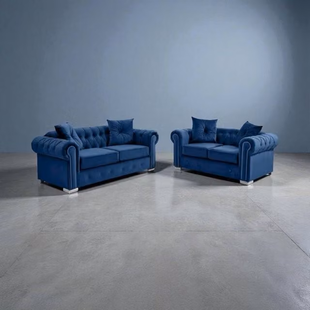 SNUG FURNITURE BIRMINGHAM LTD Roma Chesterfield 3+2 Sofa Set in Blue Velvet Fabric