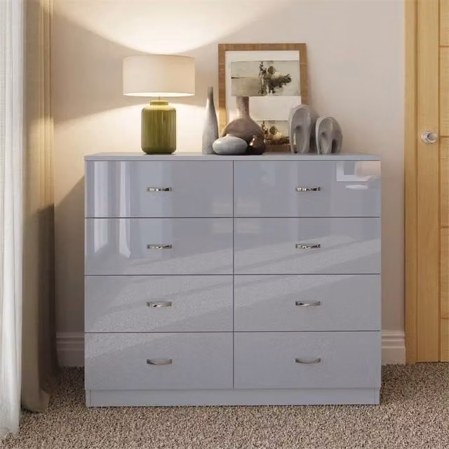 VOGREX 8 Drawer Chest of Drawers with Gloss Fronts and Matt Frame in Grey – 1