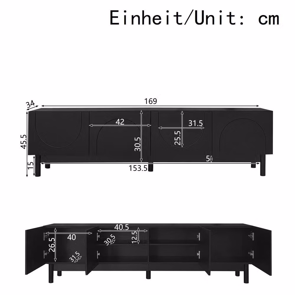 Merax Black Low TV Stand with Four Push-to-Open Doors and Solid Wood Legs, W: 169 cm, D: 45.5 cm, H: 45.5 cm – 2