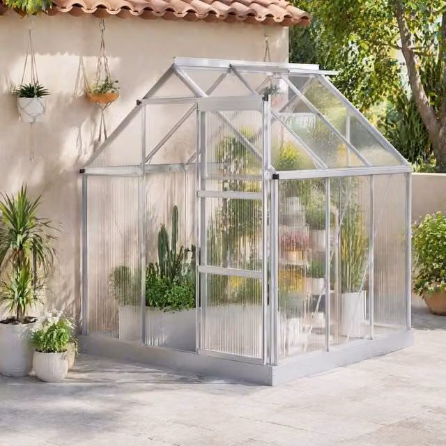 STILVORA Walk-In Greenhouse with Sliding Door, Window and Rain Gutter, Silver, W: 190 cm, D: 193 cm, H: 205 cm – 1