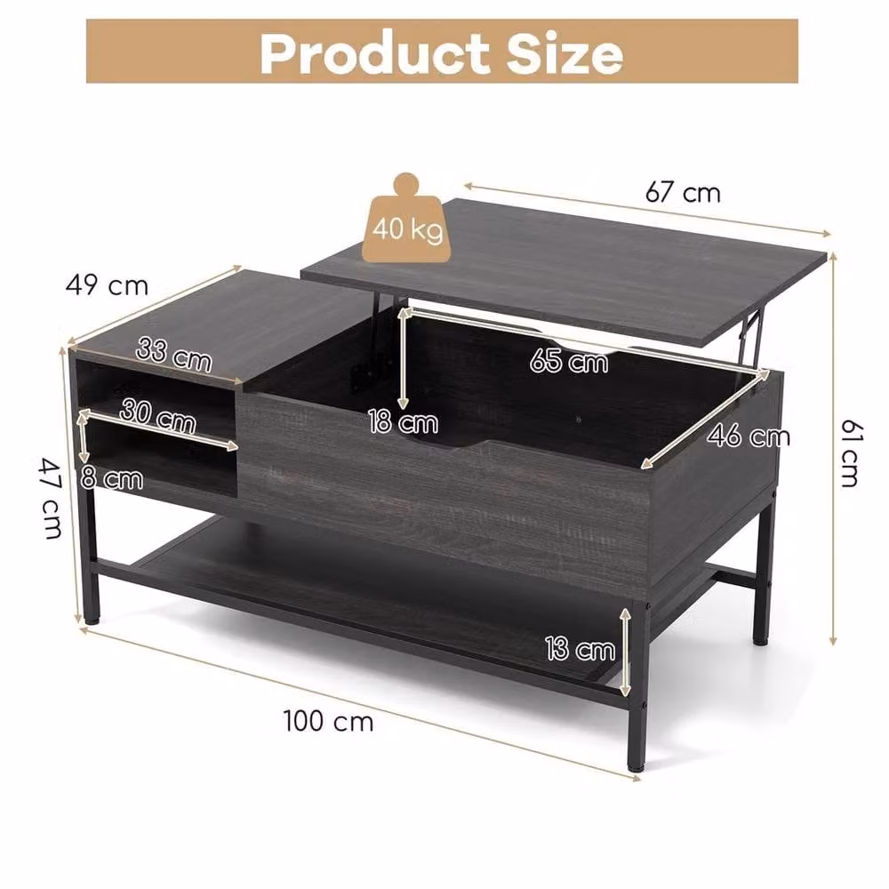 VOGREX Grey Modern Rectangular Lift Top Coffee Table with Metal Storage Shelf – 2