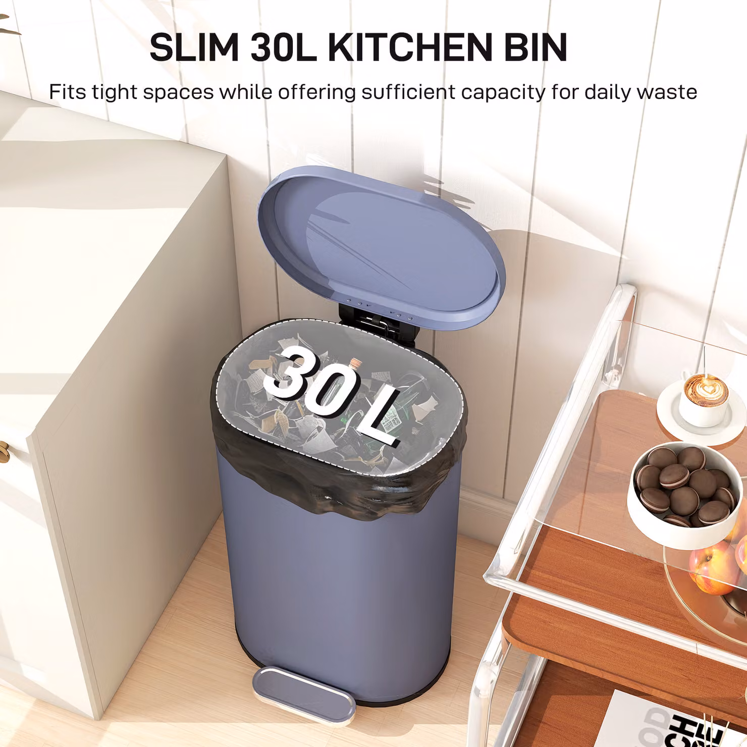 HOMCOM 30L Slim Rectangular Pedal Kitchen Bin with Soft-Close Lid and Removable Inner Bucket, Grey – 4