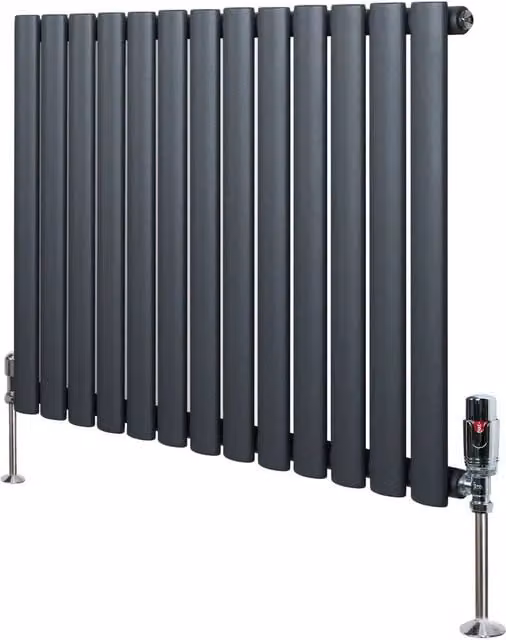 Monstershop Oval Single Column Steel Radiator with Integrated Valves and Thermostat Head, Anthracite Grey, H 78 cm x W 60 cm