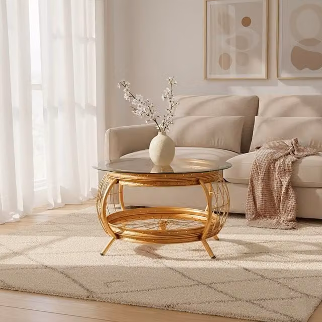 Orsina Modern Round Glass and Metal Coffee Table with Champagne Gold Finish, W/D/H: 80 x 80 x 46 cm – 1