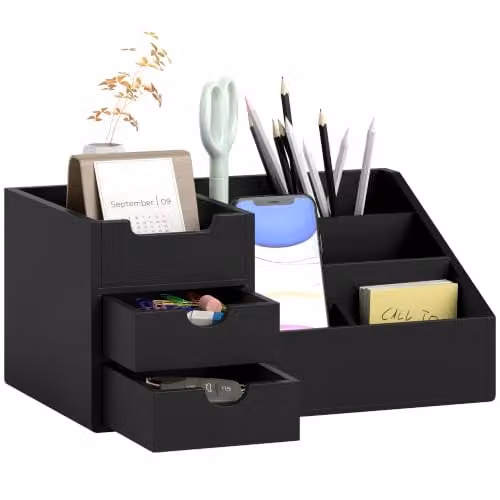 HOMCOM Bamboo Desk Organiser Holder Multi-Function Storage Caddy, Black, W: 20.5 cm, D: 15.5 cm, H: 20.5 cm – 1