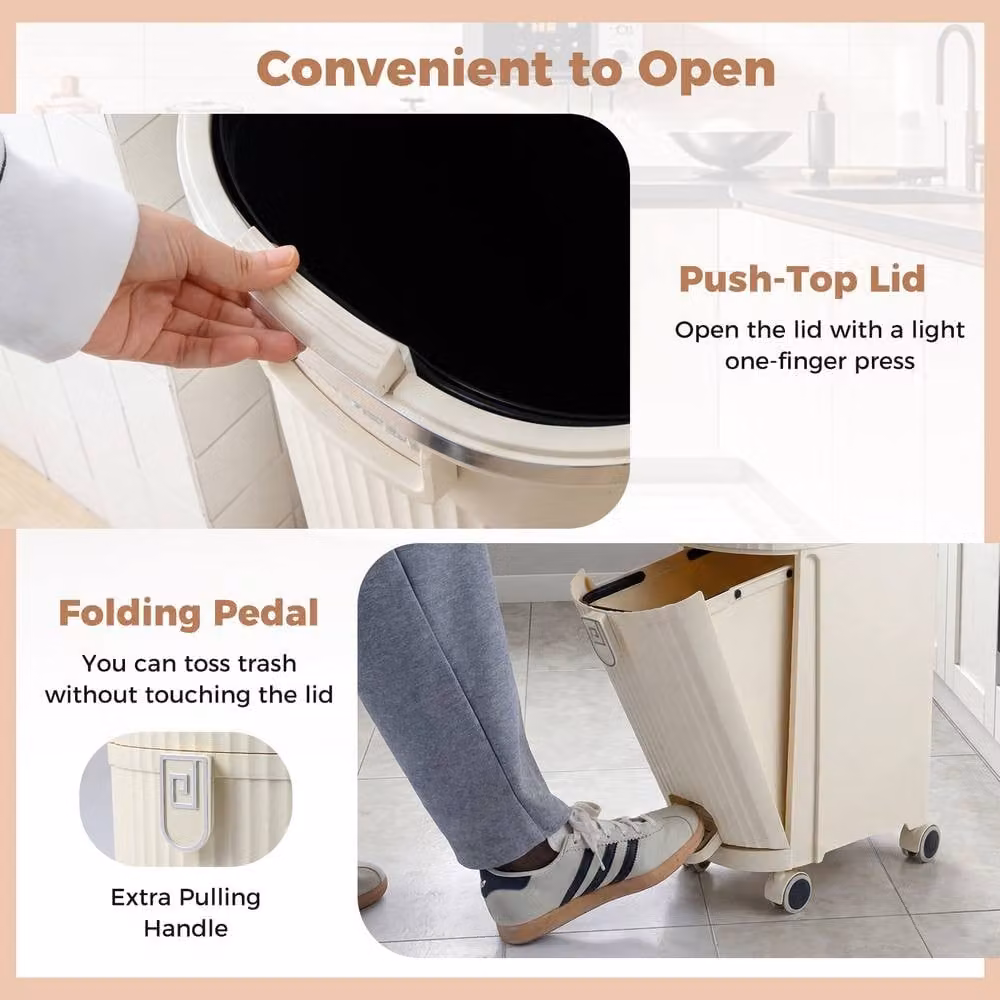Costway 43L Double-Layer Pedal Kitchen Trash Can with Lid in Beige – 3
