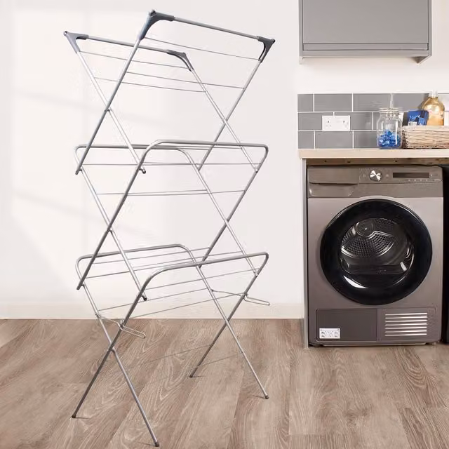 OHS 3 Tier Foldable Metal Clothes Airer Laundry Rack, Grey
