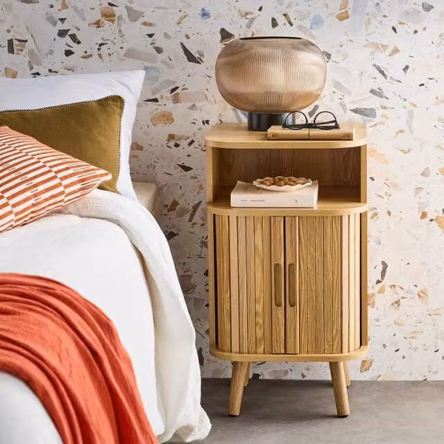 sweeek Bedside Table with Sliding Doors and Niche in Light Brown, W/D/H: 40 x 40 x 70 cm