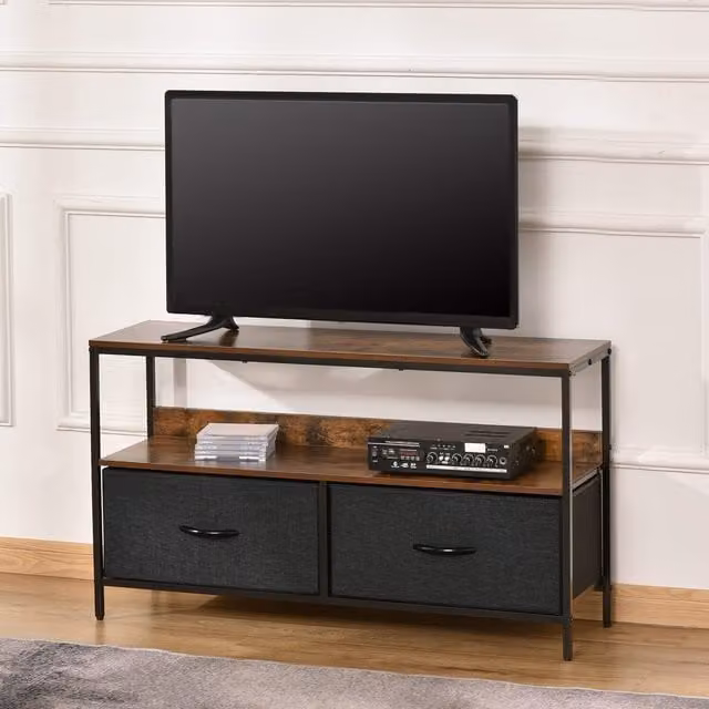 HOMCOM Modern TV Console Unit with Foldable Linen Drawers in Rustic Brown and Black
