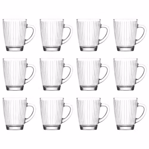 LAV Hestia Geometric Glass Mugs, Clear, Set of 12, 250ml – 1