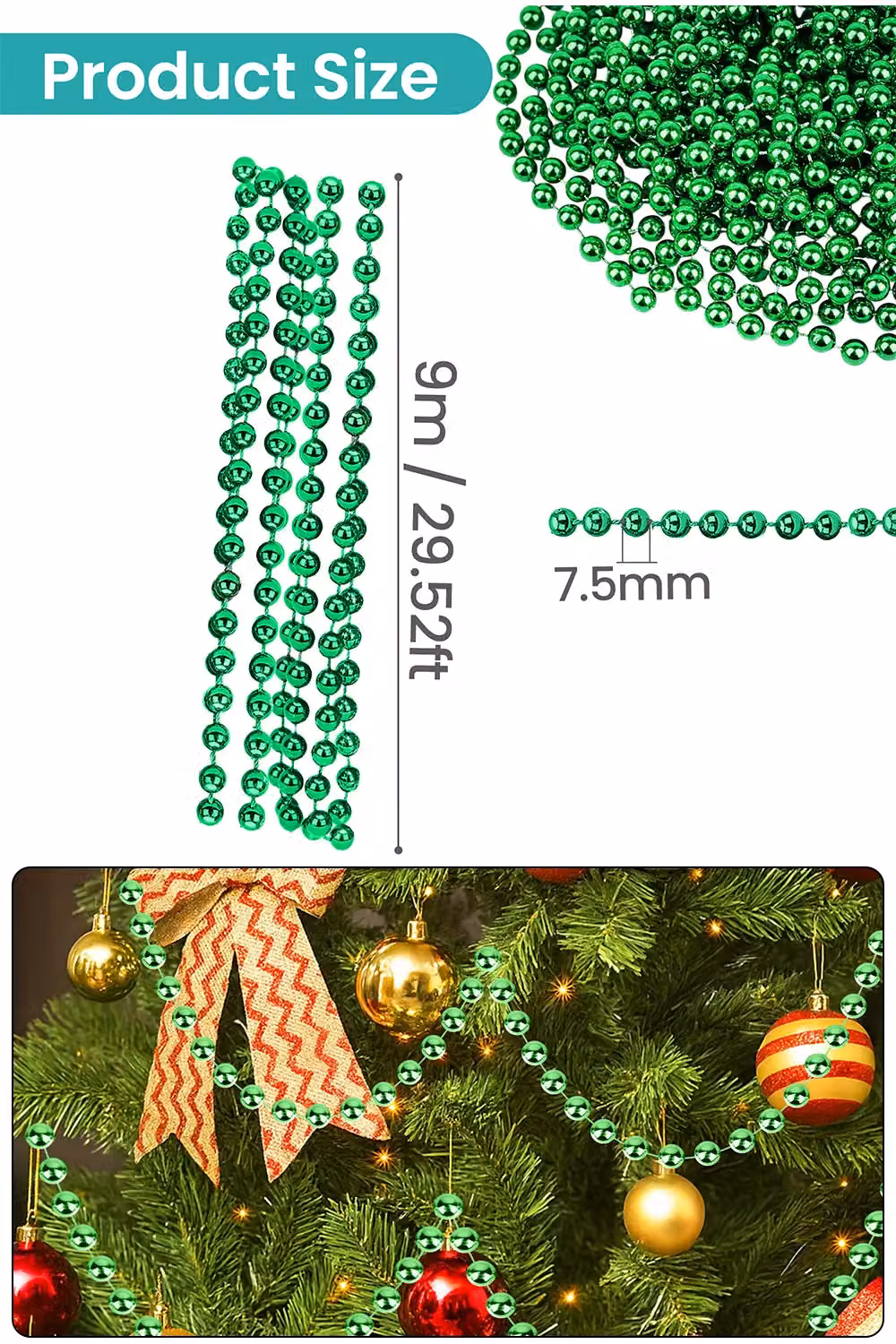 Neel Blue 9m Metallic Christmas Bead Chain with 7.5mm Shiny Pearl Round Garland in Blue and Green – 2