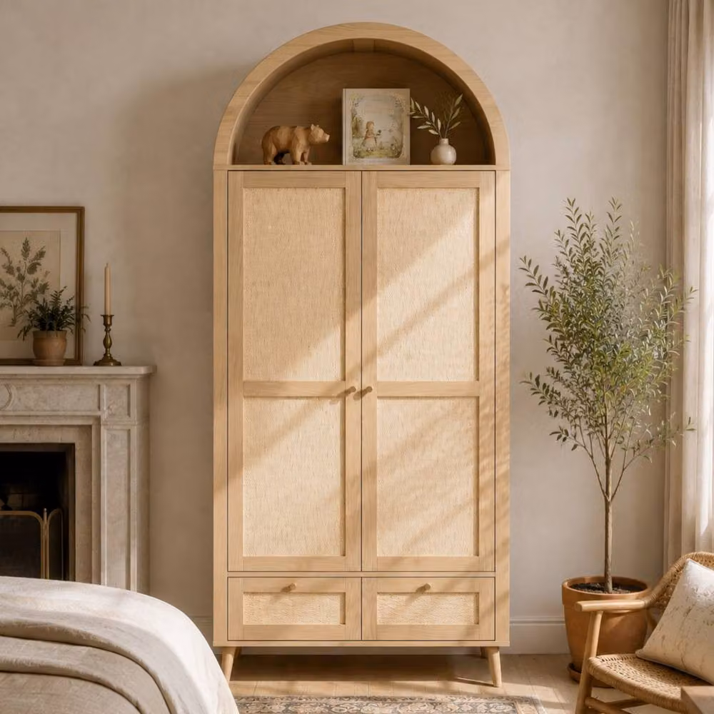 Merax Arched Double Door Wardrobe with 2 Rattan Effect Drawers in Walnut and Beige, W: 80 cm, D: 55 cm, H: 180 cm – 2