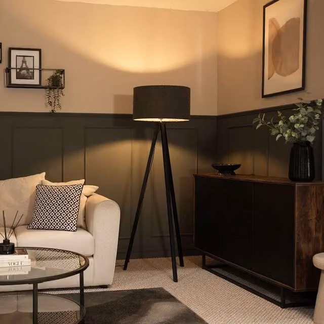 ValueLights Barbro Black Wood Tripod Floor Lamp with Grey Reni Boucle Shade, H: 130 cm
