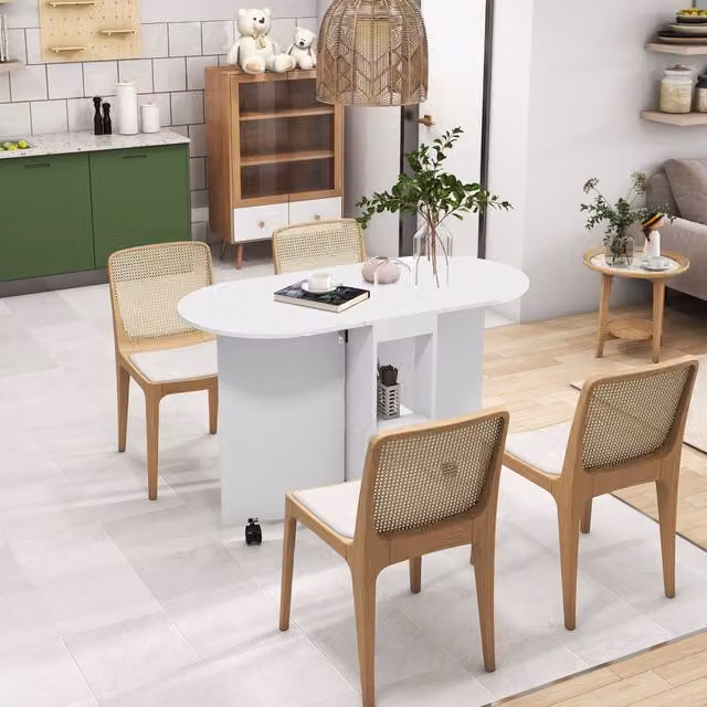 HOMCOM Modern White Extendable Oval Dining Table with Butterfly Drop Leaf and Castors – 1