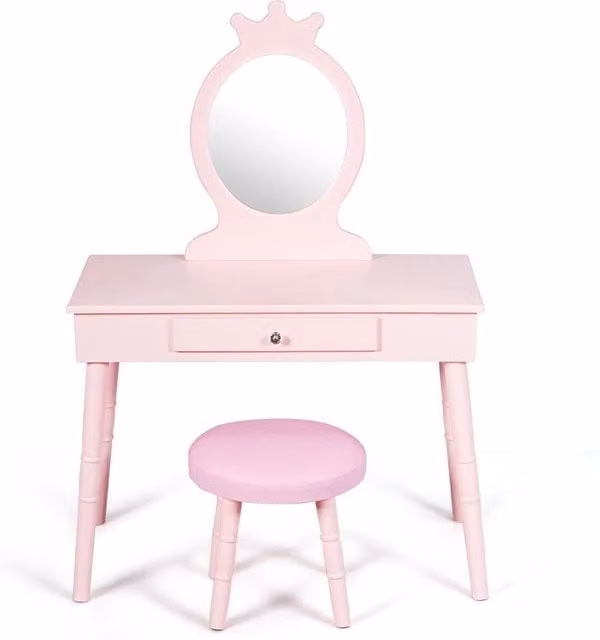 Costway Kids Pretend Makeup Dressing Table with Mirror in Pink