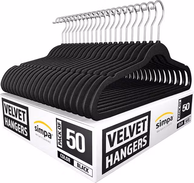 Simpa Heavy Duty Velvet Non-Slip Space Saving Clothes Hangers with 360 Degree Swivel Hook, 50 Pack, Black and Silver