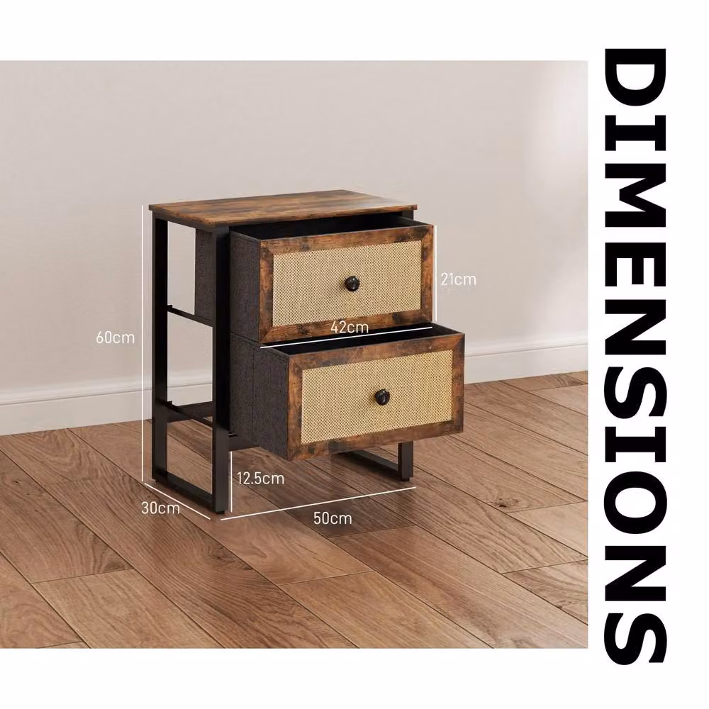 FURNOS Industrial Bedside Table Nightstand with 2 Drawers in Brown – 8