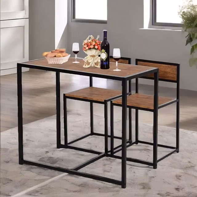 Rafaelo Mobilia Industrial 3-Piece Dining Set with Rectangular Table and Chairs in Dark Brown – 1