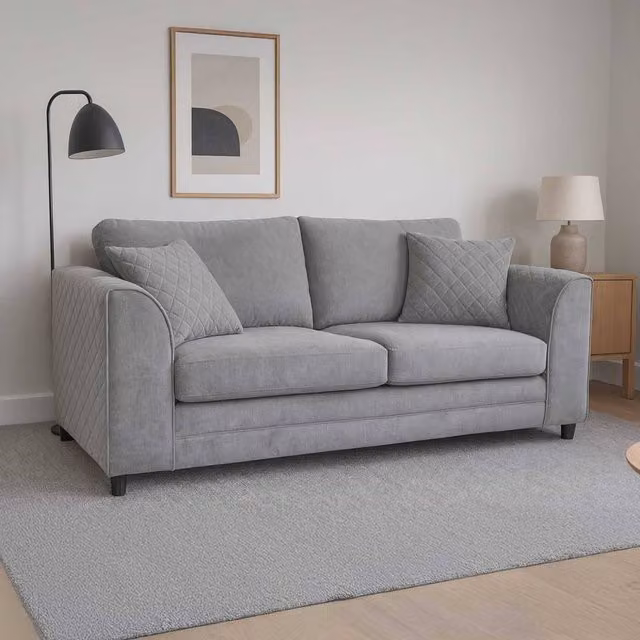 Furnishings For Less UK Grey Quilted Chenille Fabric 3 Seater Sofa with Scatter Back and Curved Arms