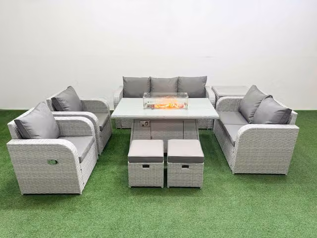 Fimous Grey PE Rattan Garden Furniture Set with Reclining Chairs, Double Love Seat, Firepit Dining Table and 2 Stools