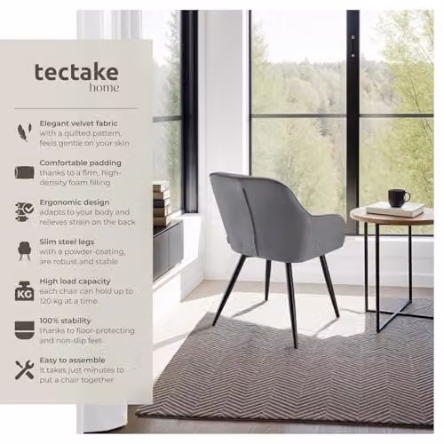 tectake Set of 6 Marilyn Dining Chairs with Velvet-Look Fabric and Geometric Pattern in Grey and Black – 4