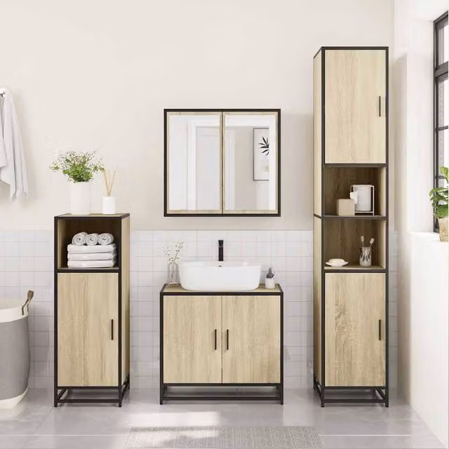 Berkfield Home 3 Piece Industrial Bathroom Furniture Set in Beige with Mirror Cabinet, Vanity Unit and Tall Cabinet