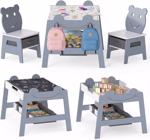 Costway Versatile Kids Wooden Activity Table and 2 Chairs Set in Grey