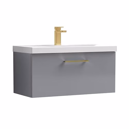 Balterley Wall Hung Single Drawer Grey Bathroom Vanity Unit with Mid Edge Basin and Brushed Brass D Shape Handle W/D/H: 81.0 x 39.0 x 39.9 cm – 1