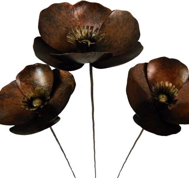 Set of 3 Metal Poppies on 100cm Stick in Bronze