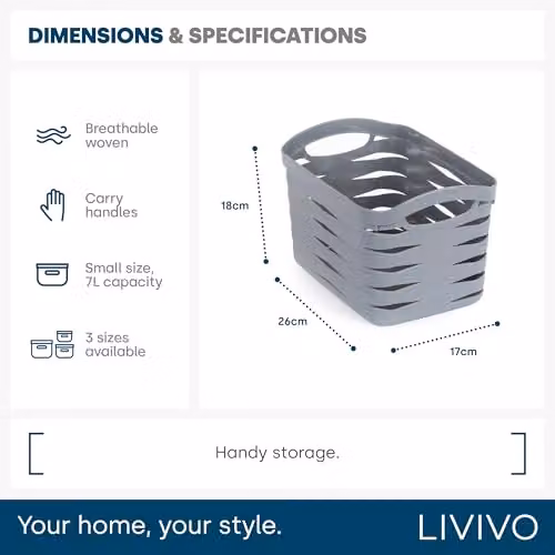LIVIVO Kaari Small Plastic Woven Storage Basket with Handles, 7L, Grey – 3