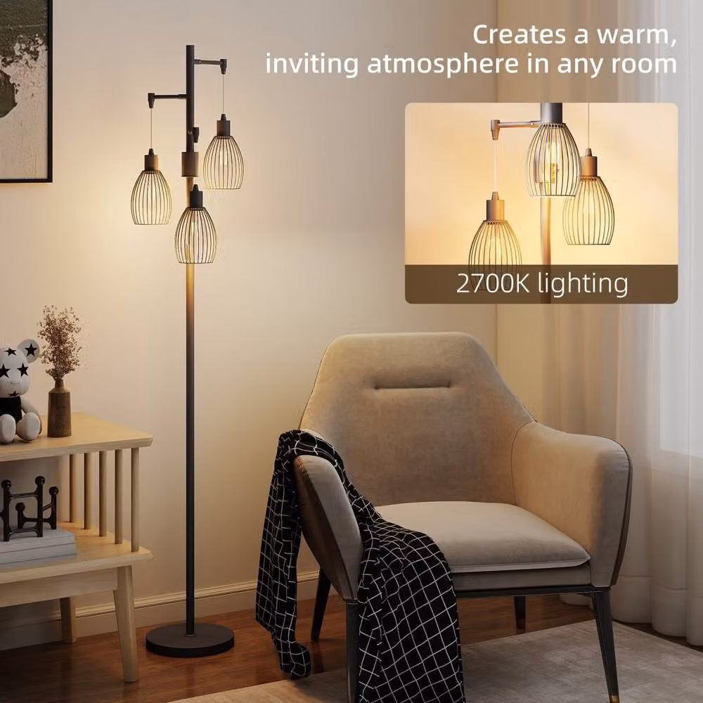 Wyld Haus Tane Industrial 3 Light LED Floor Lamp in Black Metal with Wire Cage Shades, H 170.5 cm x W 30 cm x D 30 cm – 5