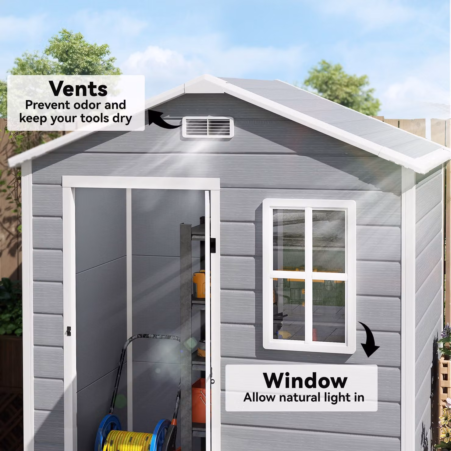 Outsunny Grey Plastic Outdoor Storage Shed with Foundation, Lockable Door, Windows and Vents – 8