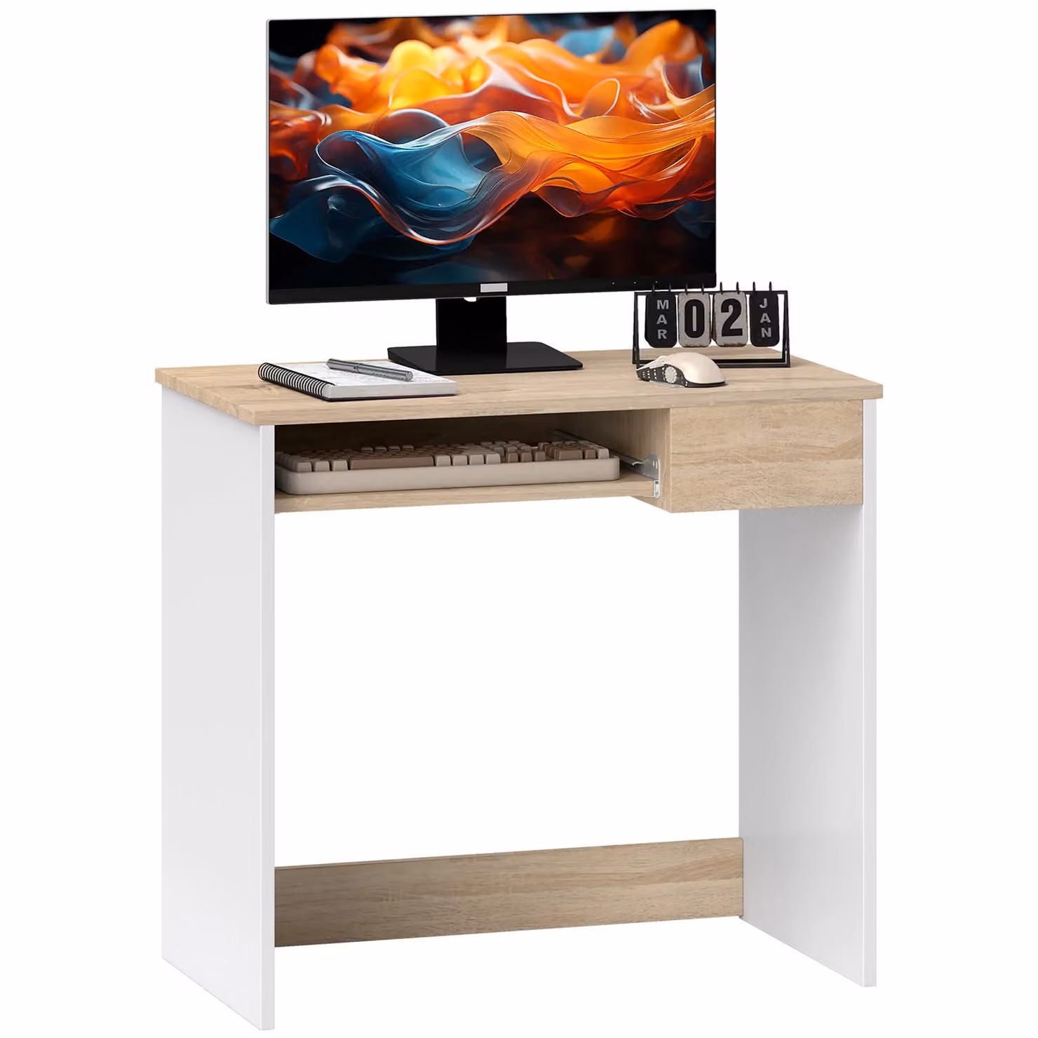 HOMCOM Compact Computer Desk with Keyboard Tray and Drawer in Light Oak – 2