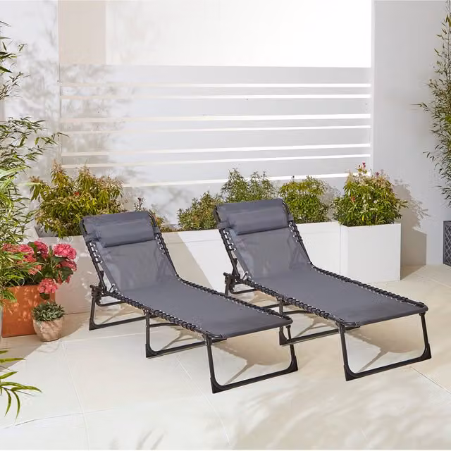 Neo Pair of Lightweight Grey Textilene Sun Loungers with Adjustable Headrests and Powder Coated Steel Frames