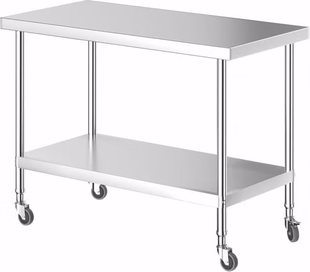 Darphe Silver Industrial Stainless Steel Commercial Kitchen Work Table with Castors, Width: 120 cm