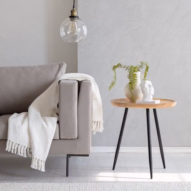 MH London Large Round Mango Wood and Iron Side Table in Natural Brown and Beige, Diameter: 58.5 cm