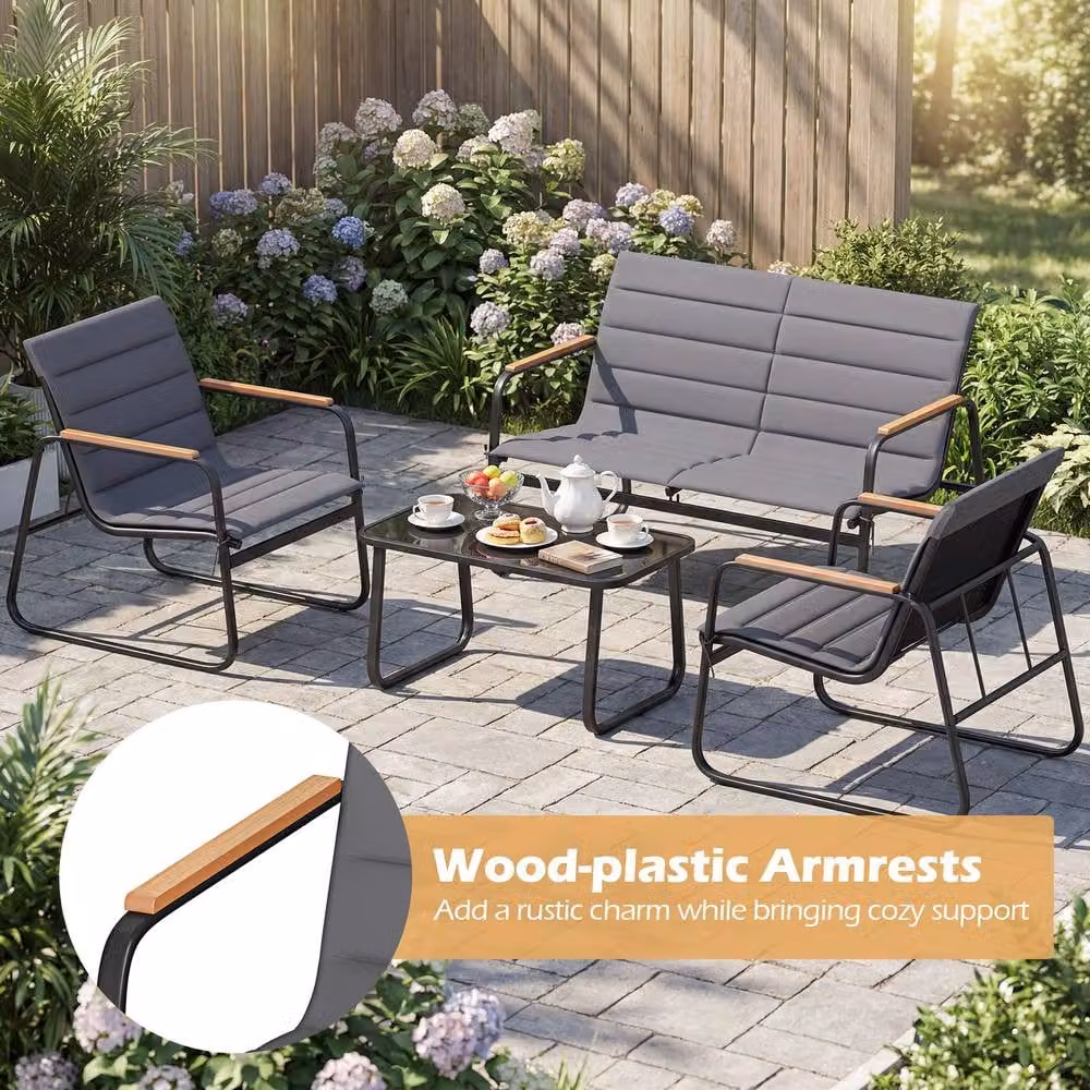 Gymax 4-Piece Modern Outdoor Furniture Set in Grey with Glass Coffee Table, 2-Seater Sofa, Armchair and Upholstered Cushions – 3