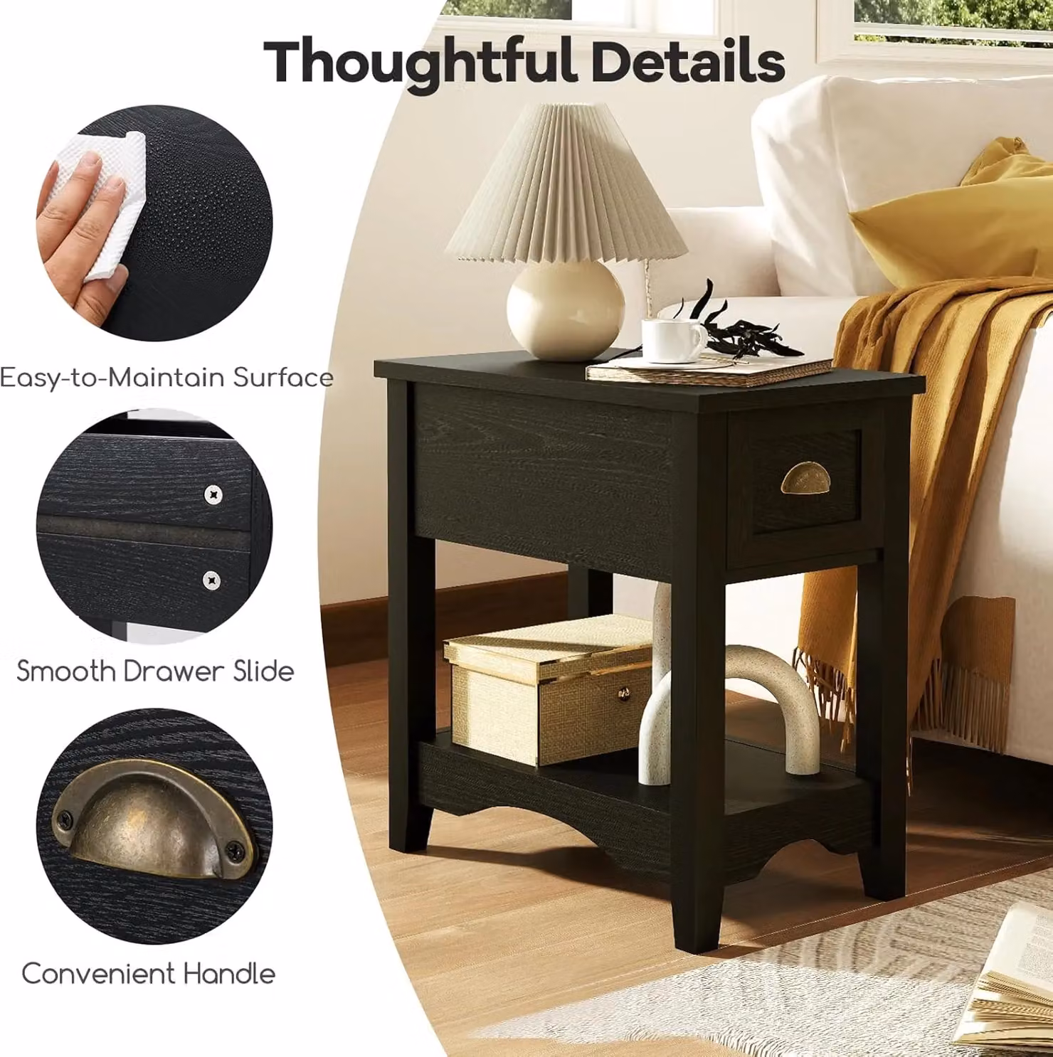 Gymax Retro Side Table and Nightstand with 1 Drawer and Solid Wood Legs in Black – 6