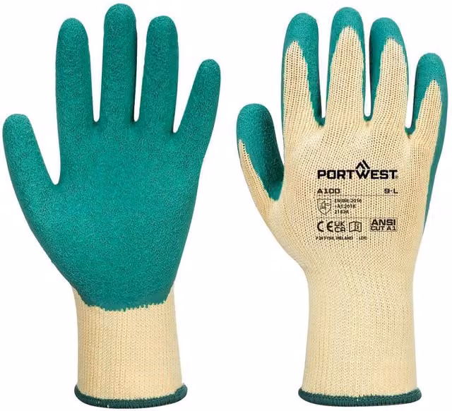 Portwest A100 Latex Grip Gloves in Green, Size: XL – 1