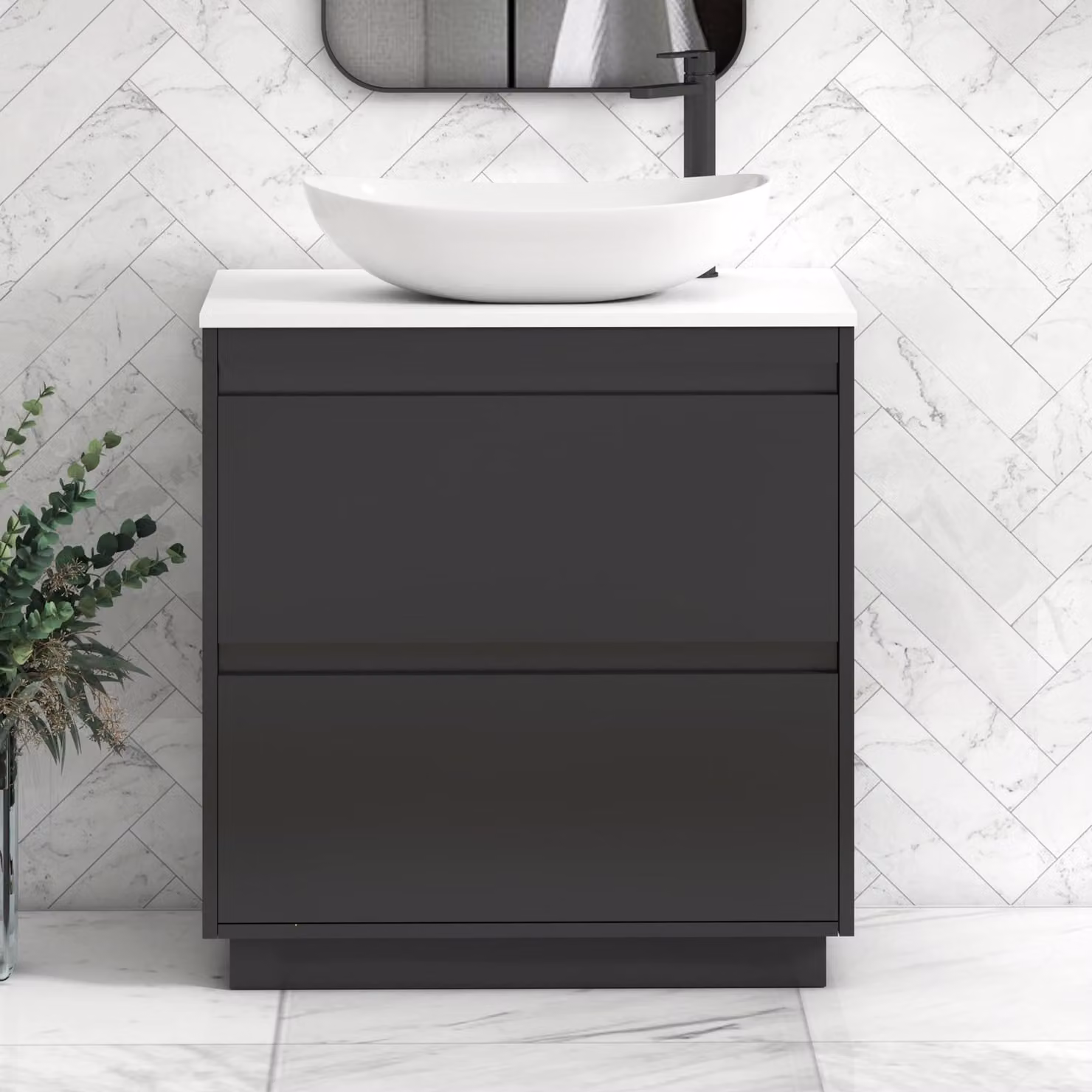 Royal Bathrooms Orion 800mm Matt Obsidian Black Floor Standing 2 Drawer Vanity Unit with Plain White Countertop, Cesar Basin and Black Accent Trim