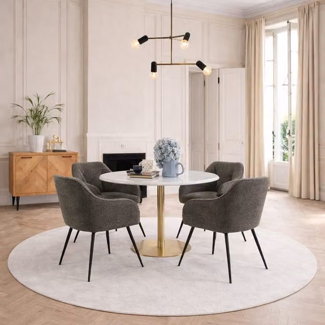 Furniture To Go Corby Round White Marble Dining Table with Gold Base and 4 Brooke Taupe Armrest Chairs