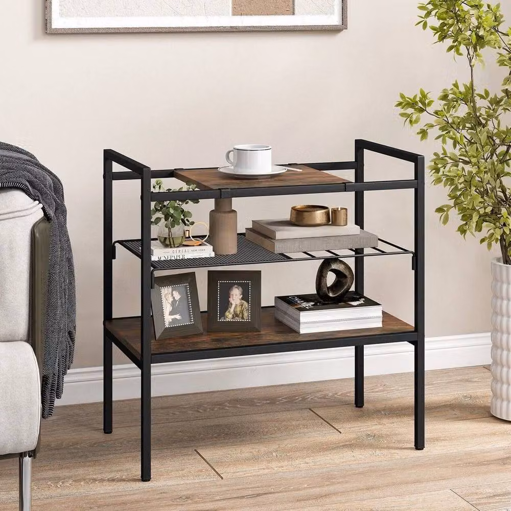 FORGEVIO Industrial 3-Tier Black Metal and Wood Entryway Side Table – 3