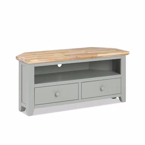 Statement Furniture Florence Wooden Corner TV Stand in Sage Green with Acacia Hardwood Top, 2 Drawers and Shelf, W: 108 cm, H: 50 cm, D: 40 cm