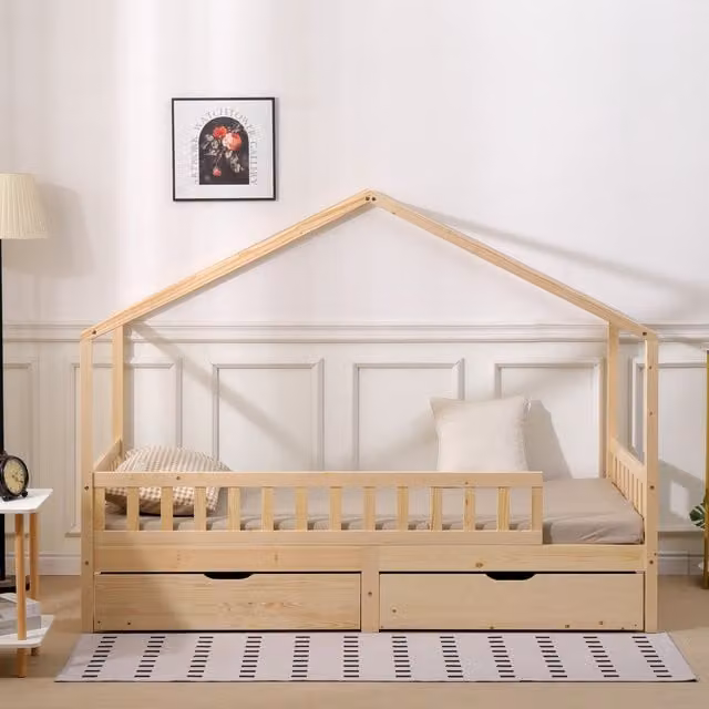 HMD Furniture Solid Wood Bed Frame with 2 Drawers in Brown and Beige, W/D/H: 196 x 90 x 152 cm