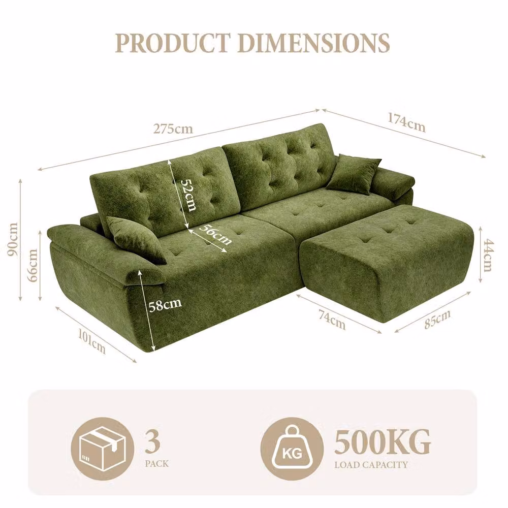 Dprodo Green Chenille 4 Seater L-Shaped Modular Sectional Sofa with Matching Ottoman and Scatter Cushions, Width: 275 cm – 2