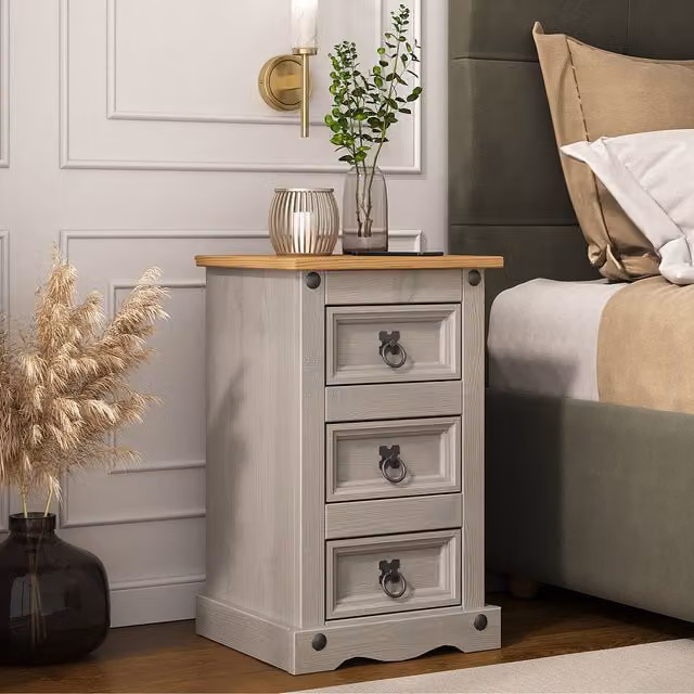 Mews Rustic Pine 3 Drawer Bedside Table in Grey and Black