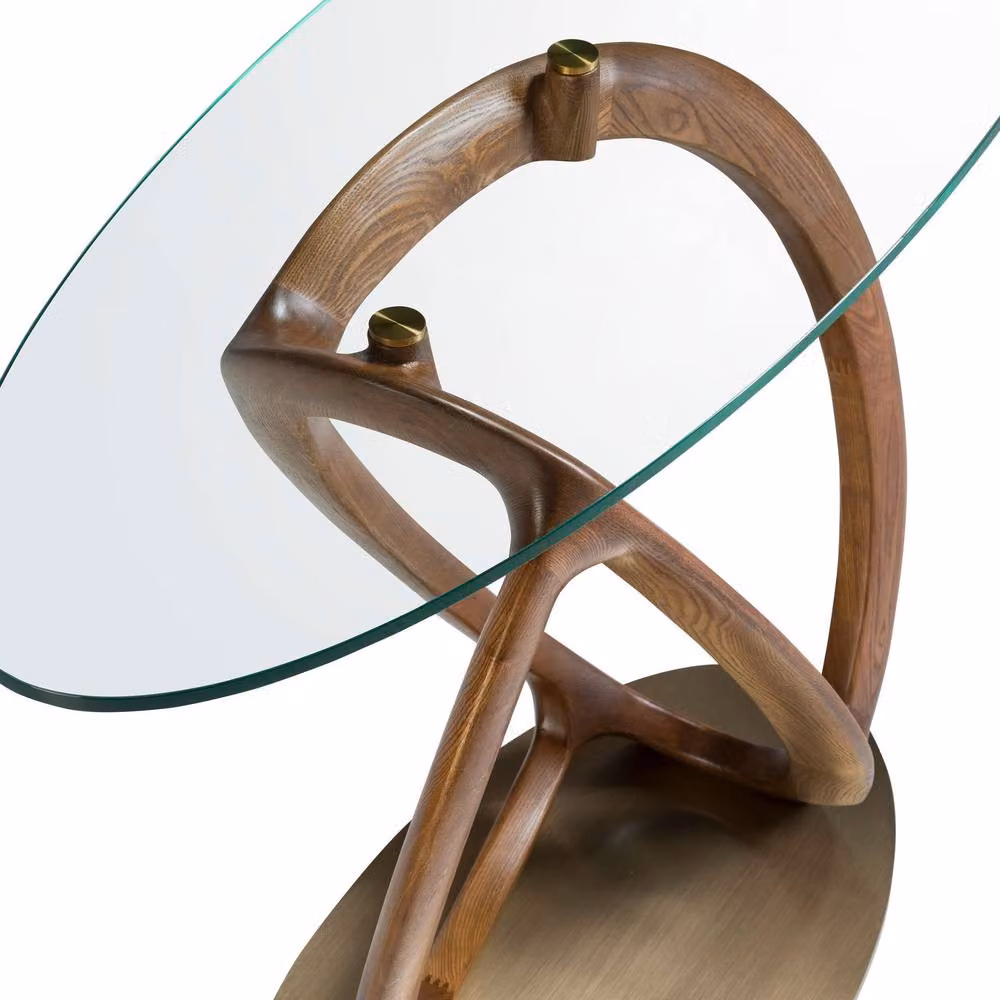 Angel Cerda Oval Console Table with Tempered Glass Top and Walnut Legs in Brown and Gold, W/D/H: 125 x 45 x 80 cm – 4