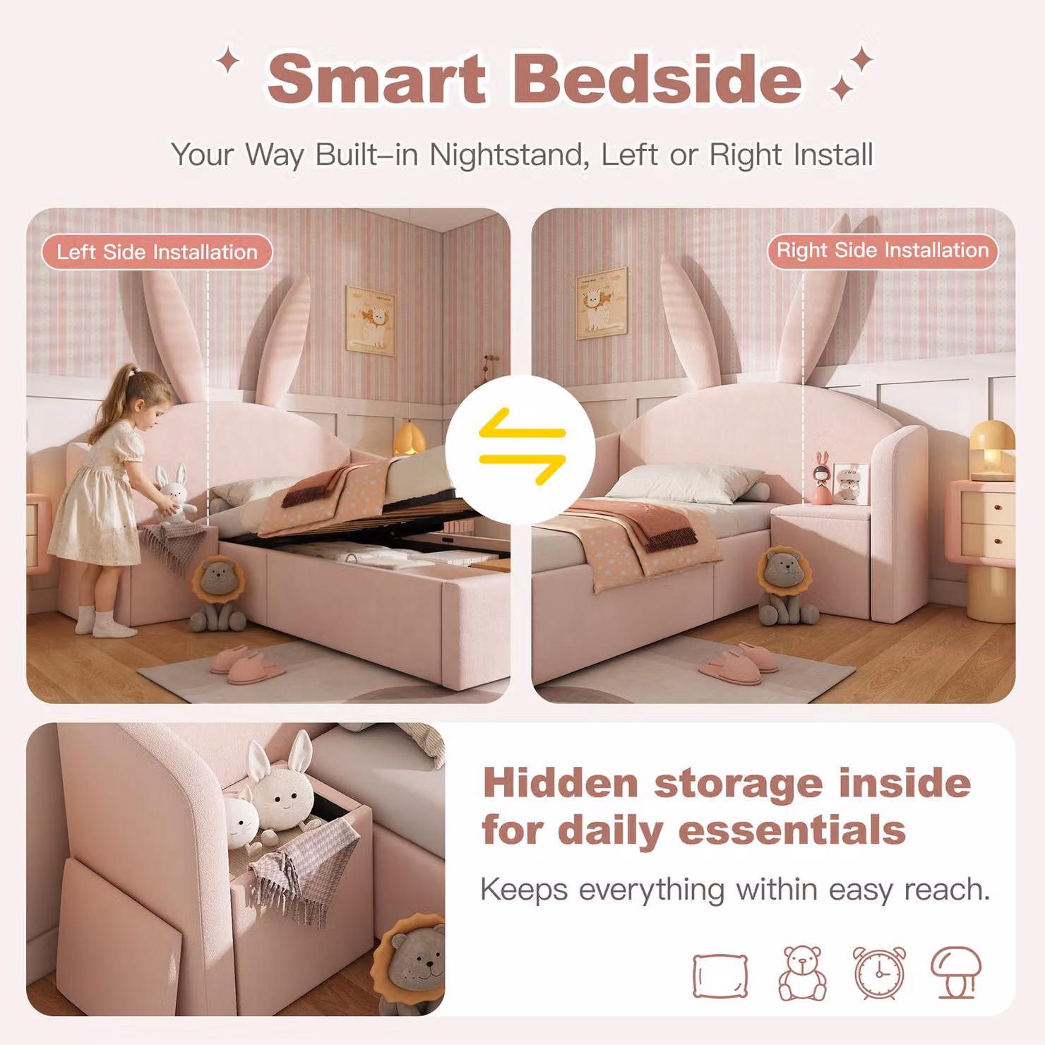 Aosom UK Bunny Ears Childrens Upholstered Bed Frame with Hydraulic Storage and Padded Headboard, Pink, W/D/H: 149 x 206 x 143 cm – 3