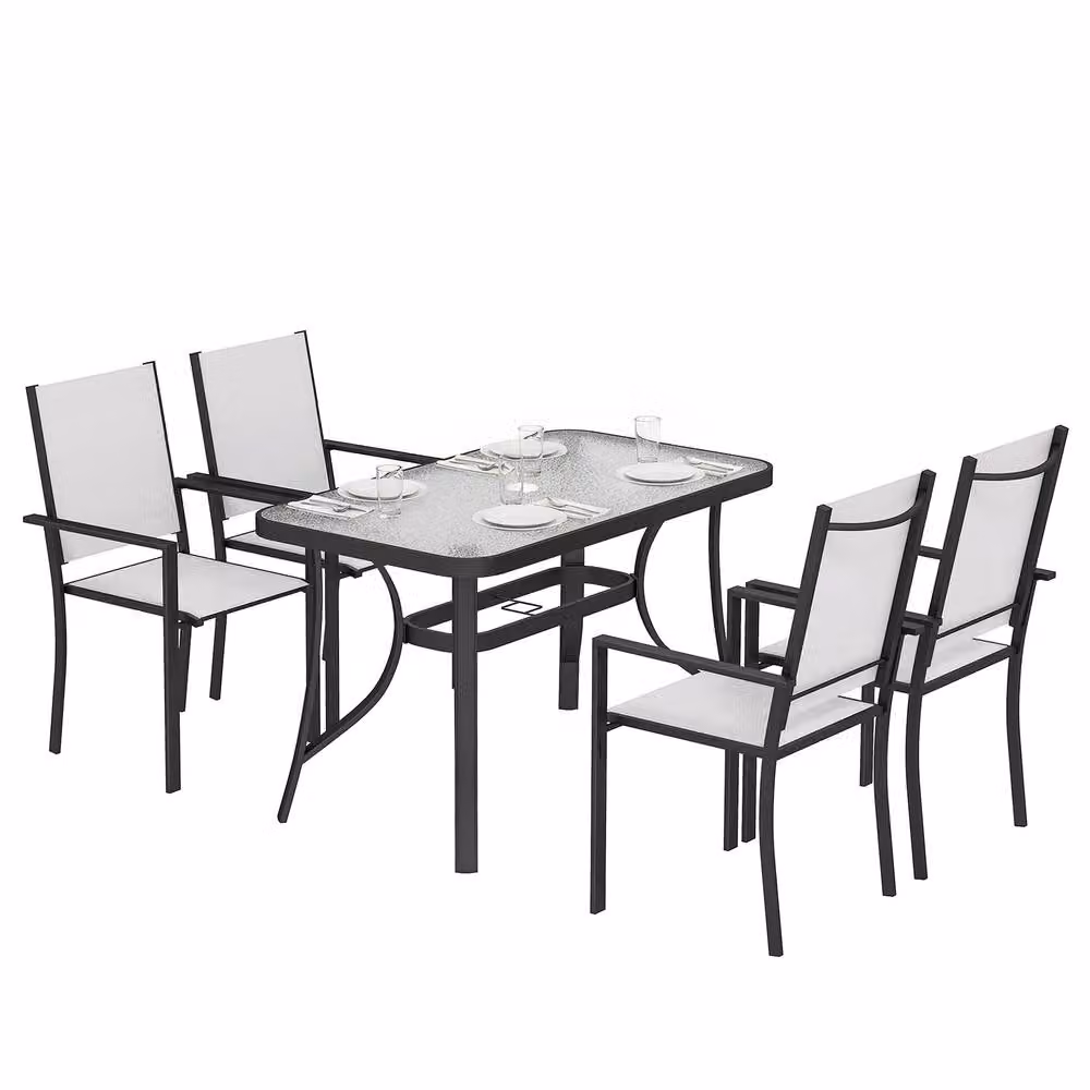 OUTSUNNY Modern Garden Dining Set with Glass Table and Stackable Chairs in Light Grey – 2